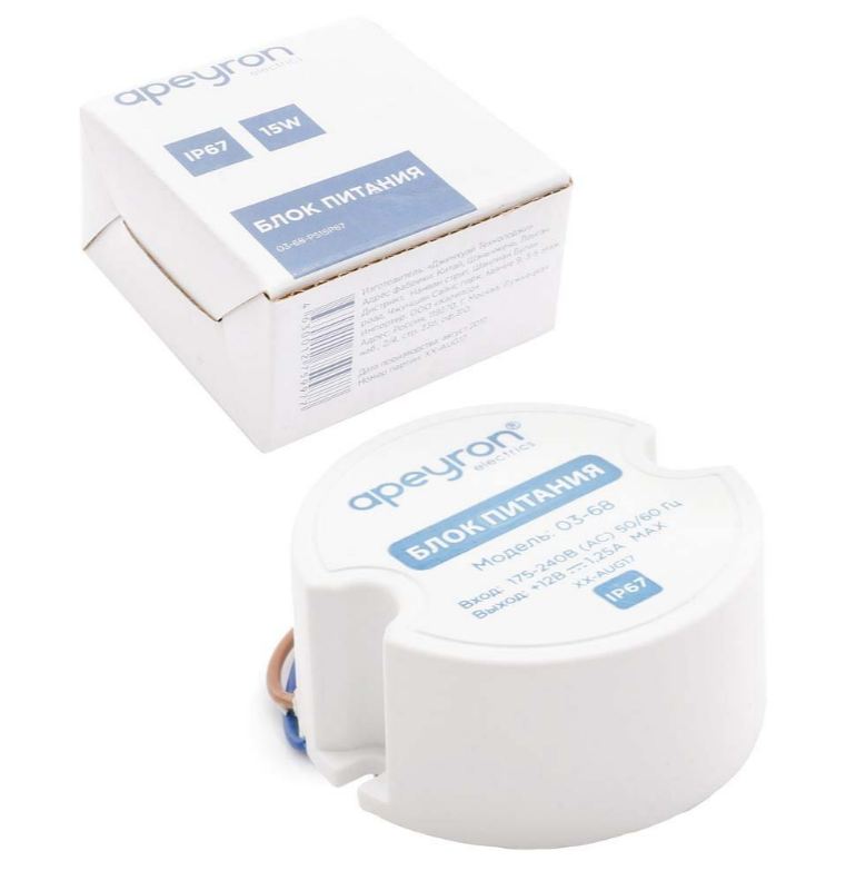 Apeyron | 03-68 Блок питания 12 В, 15 Вт, IP67, 1,25А, пластик, 49*49*23 мм
